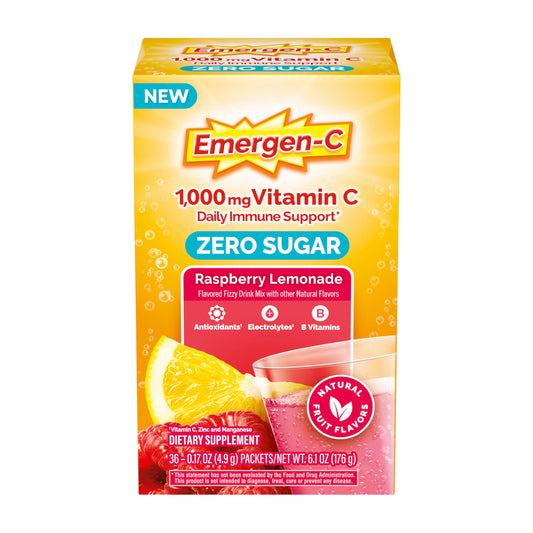 Emergen-C Zero Sugar Raspberry Lemonade packets ready to dissolve for daily immune support.