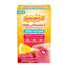 Emergen-C Zero Sugar Raspberry Lemonade packets ready to dissolve for daily immune support.