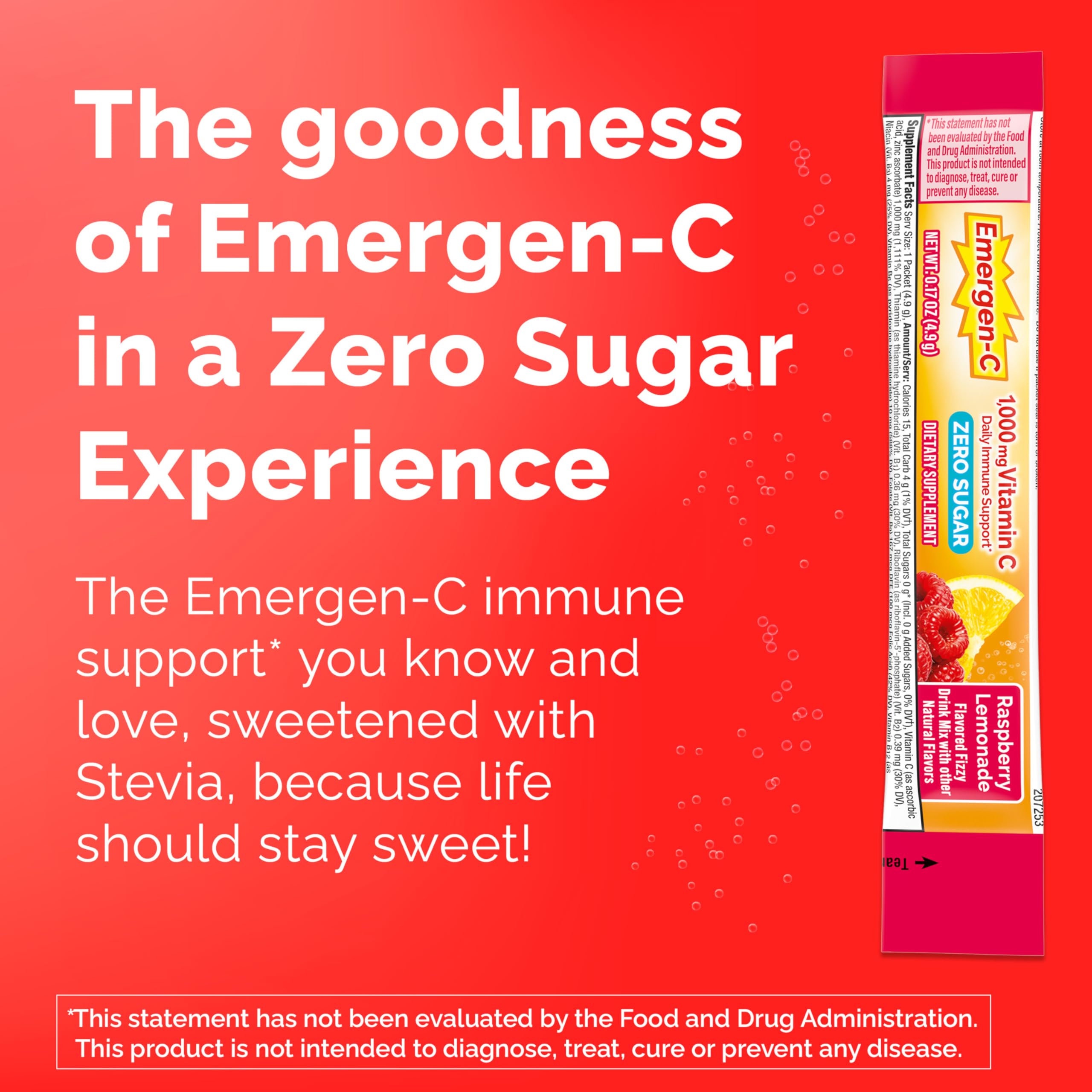 Emergen-C Zero Sugar powder dissolving in water for a refreshing boost.
