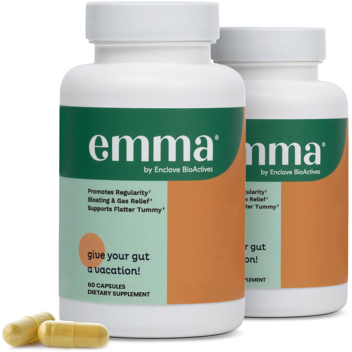 Emma Gut Health 2Pack bottle front shows sleek packaging for on-the-go gut balance