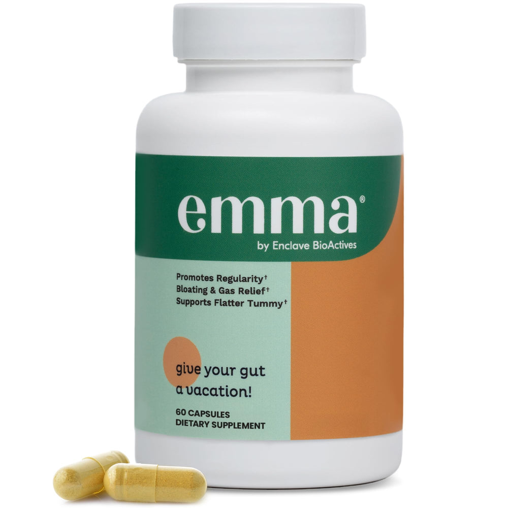 Emma Gut Health bottle label, doctor-endorsed supplement for everyday gut comfort.