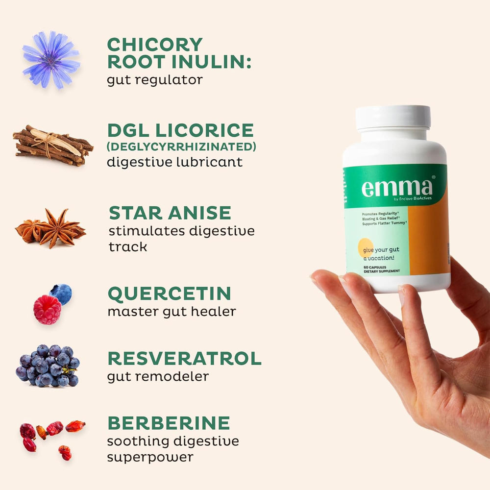 Closeup of Emma Gut Health capsules with natural ingredient visuals