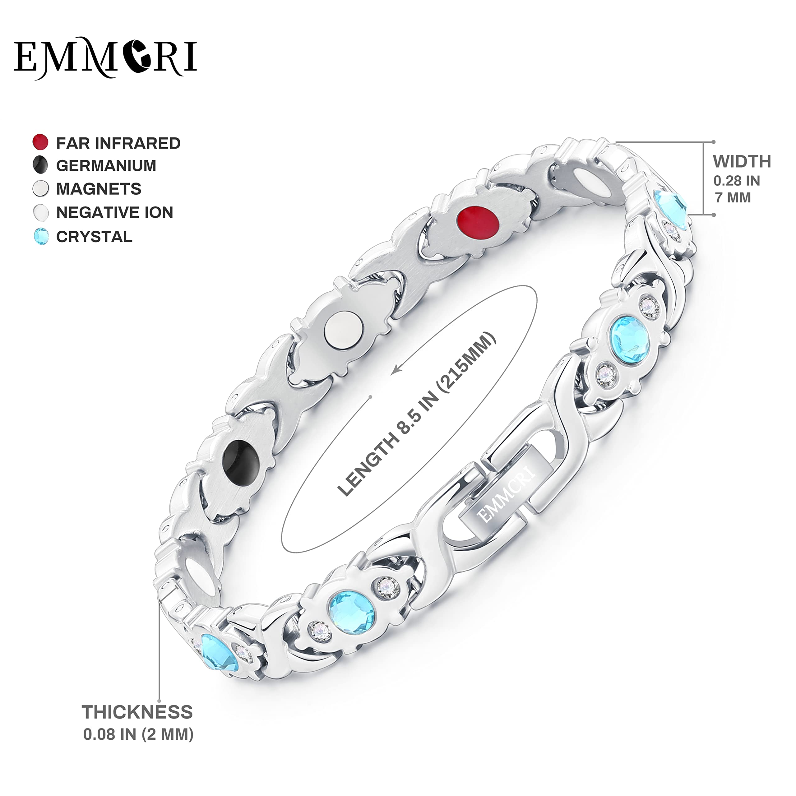 Close-up of crystal centerpiece on Emmori bracelet in silver-blue.