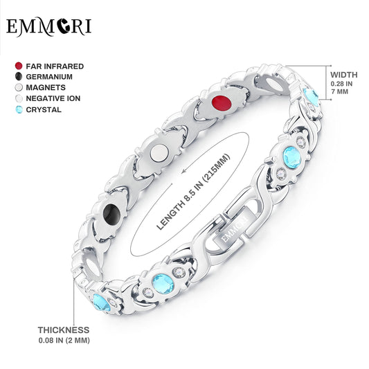 Close-up of crystal centerpiece on Emmori bracelet in silver-blue.