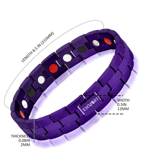 Emmori stainless steel bracelet purple wrist close-up showing unisex design for versatile use