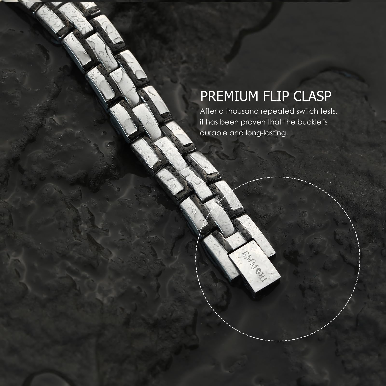 Emmori magnetic bracelet detail shows durable finish and skin-friendly stainless steel.