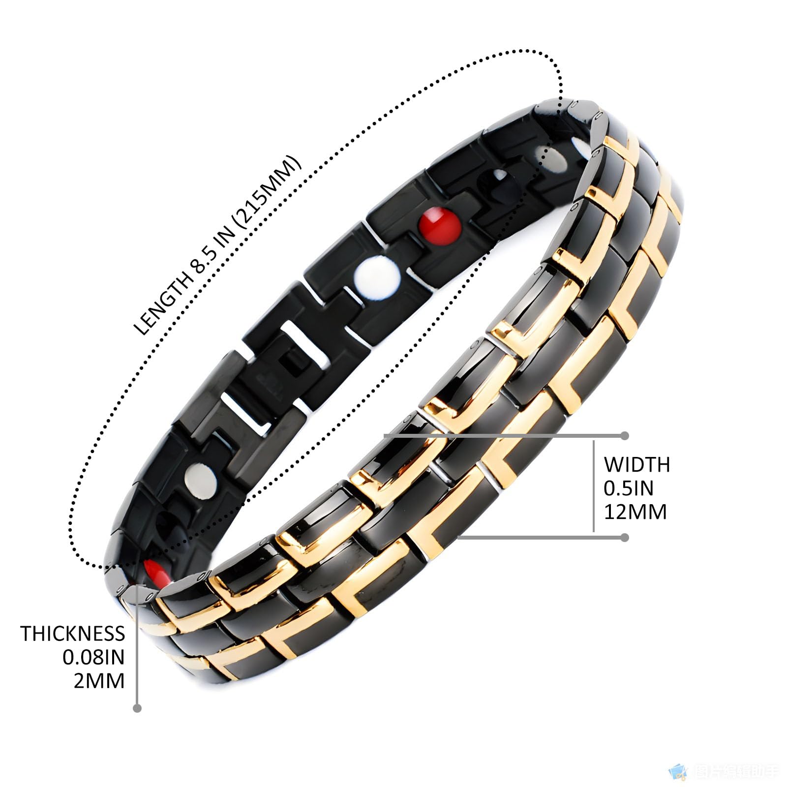 Emmori stainless steel magnetic bracelet side view shows easy size adjustment.