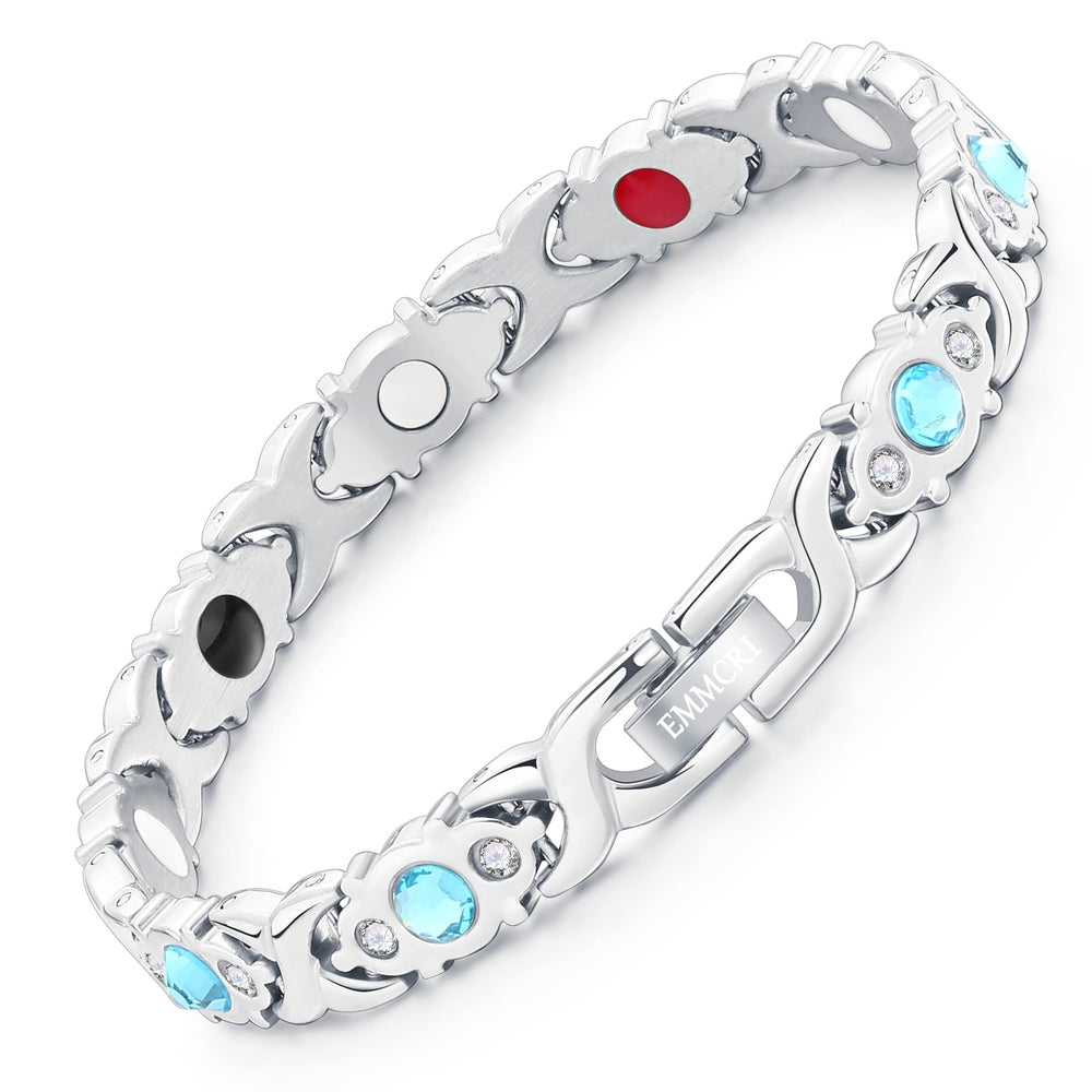 Emmori ultra strength magnetic bracelet on wrist with crystal accent for daily wear.
