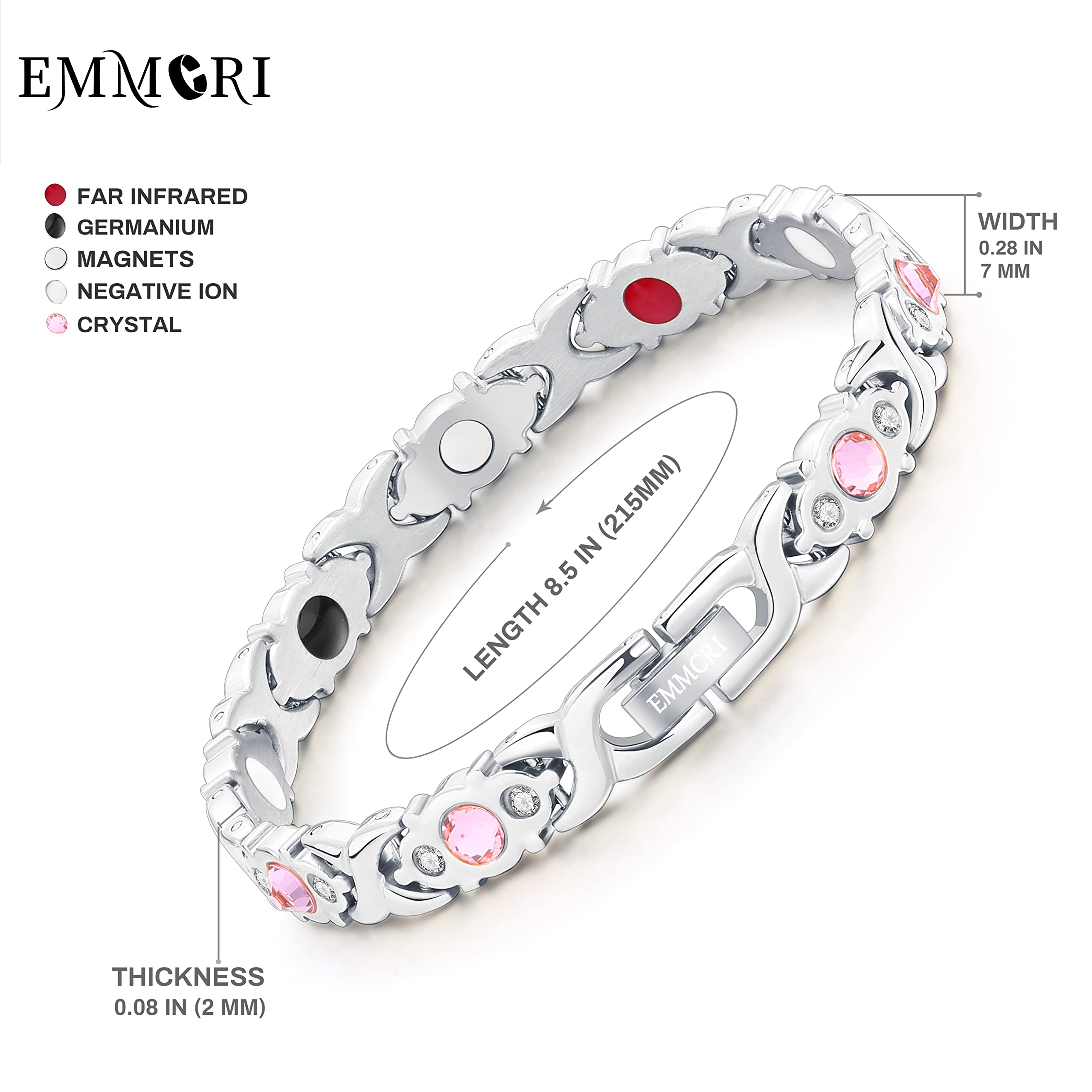 Womens magnetic bracelet with adjustable band for comfortable wear.