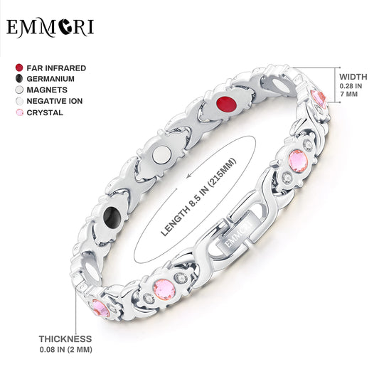 Womens magnetic bracelet with adjustable band for comfortable wear.