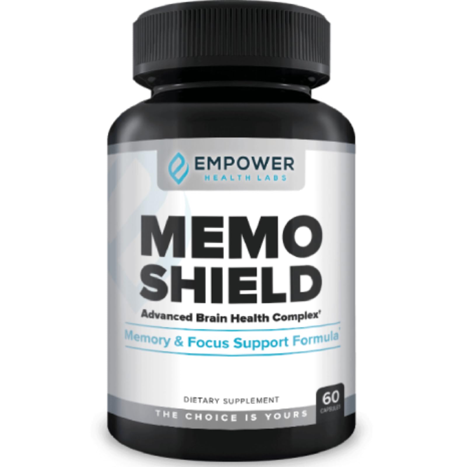 Empower Health Labs MemoShield bottle highlighting memory support formulation.