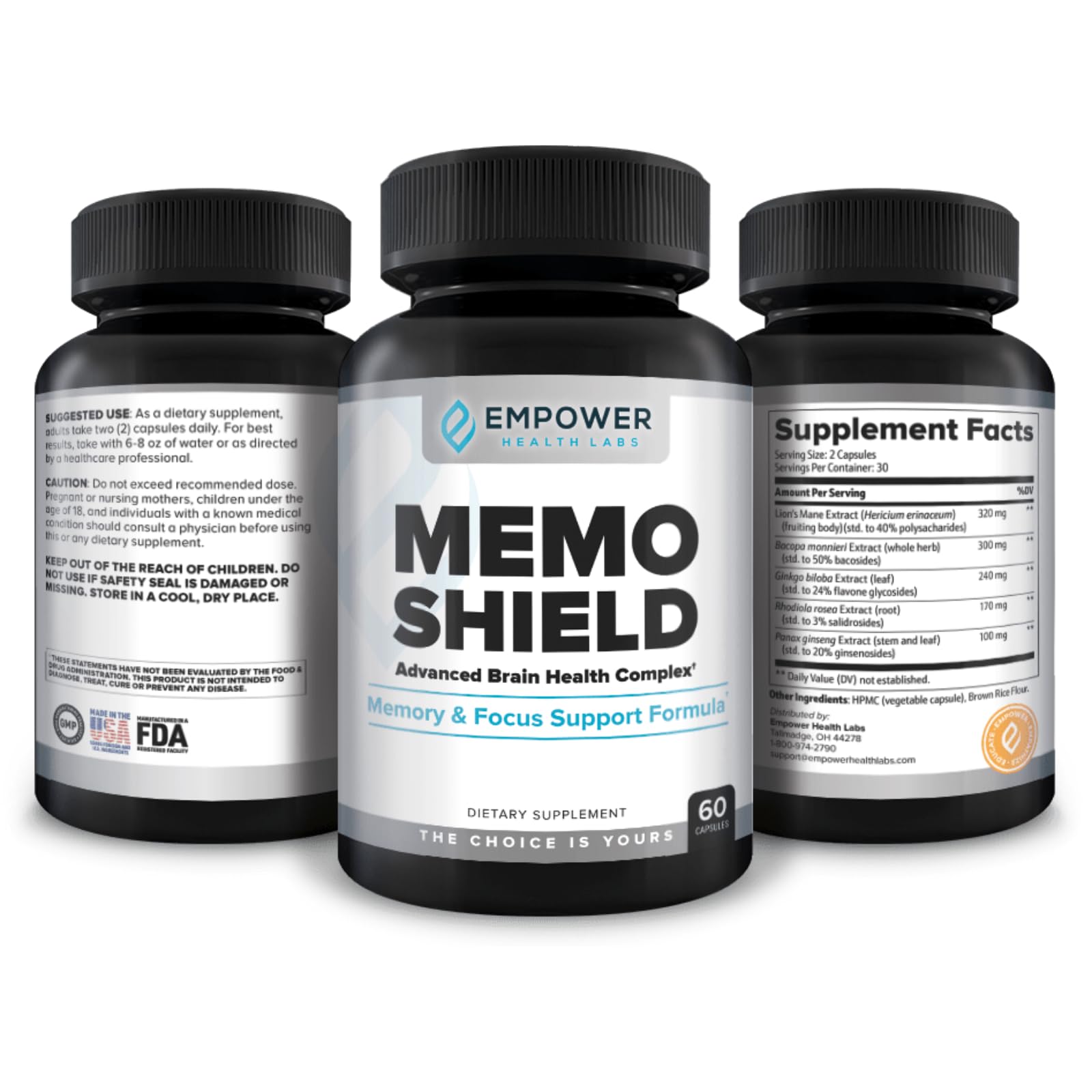 Empower Health Labs MemoShield ingredients list communicates natural cognitive support.