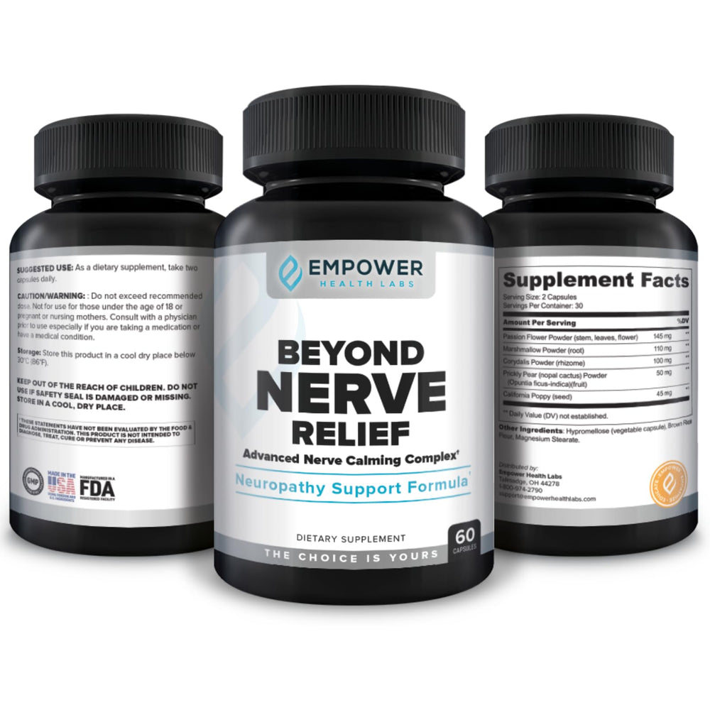 Empower Health Labs Nerve Relief bottle pour demonstrates easy, on-the-go dosing for busy days.