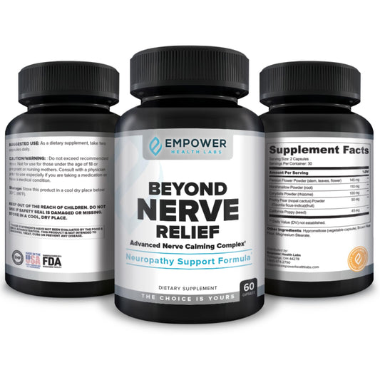 Empower Health Labs Nerve Relief bottle pour demonstrates easy, on-the-go dosing for busy days.