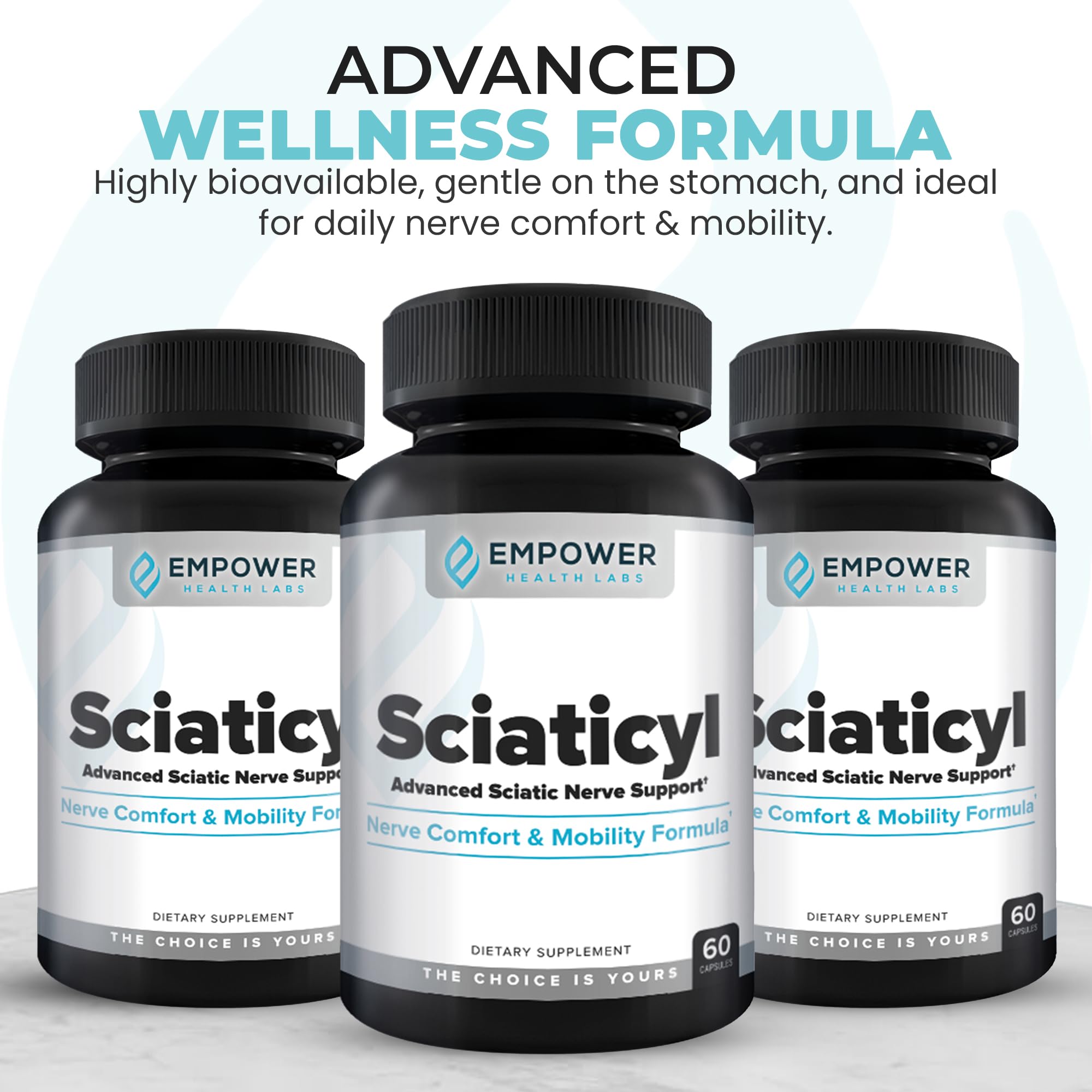 Sciaticyl capsules closeup highlighting convenient nerve support.