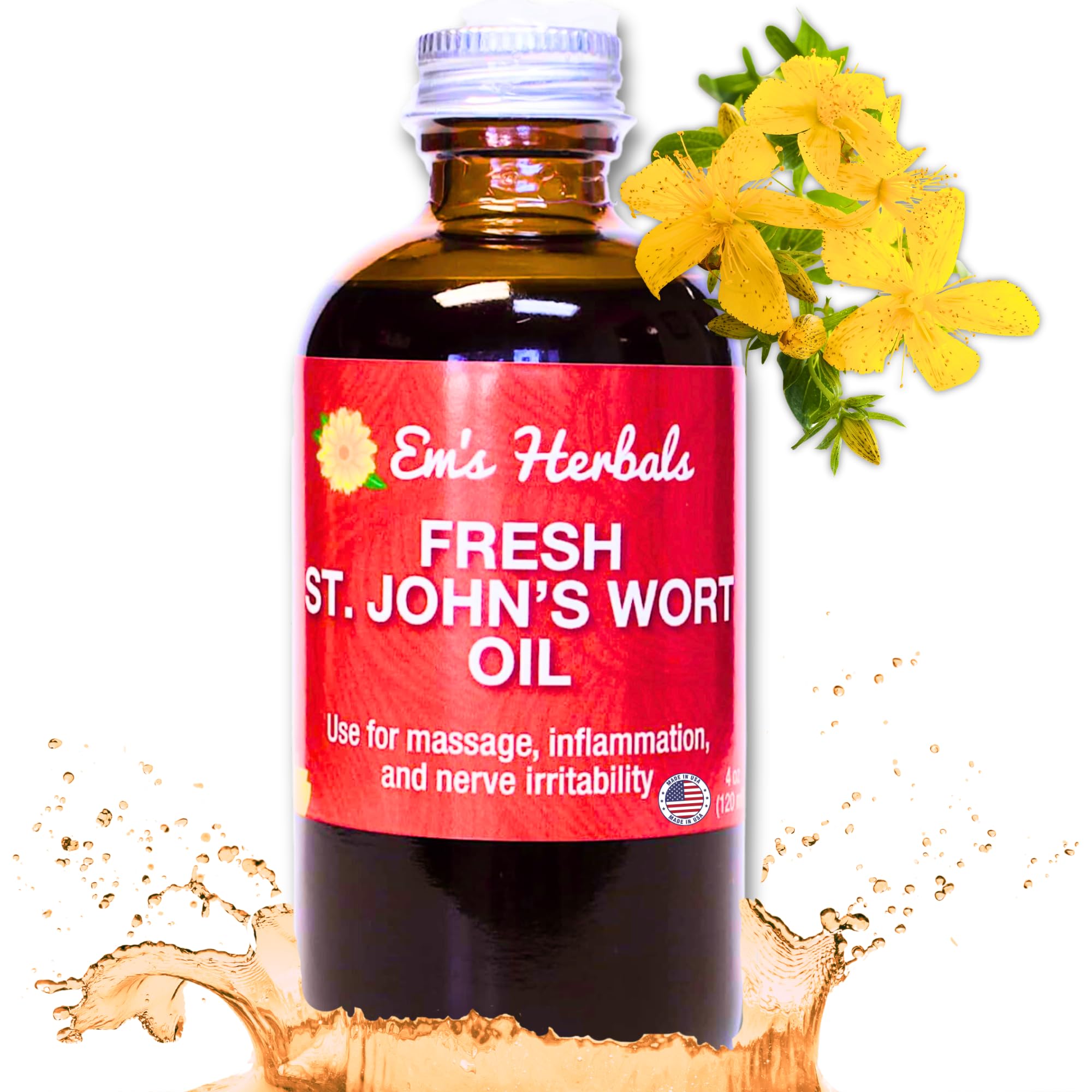 Em's Herbals Fresh St. John's Wort oil bottle for skin and nerves support.