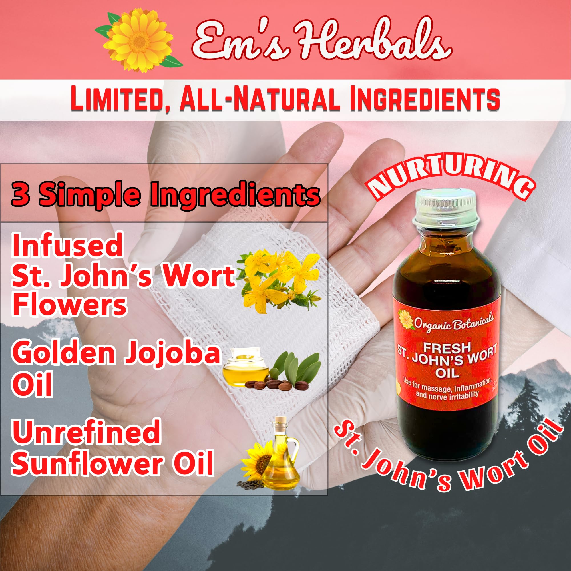 Em's Herbals bottle labeled made in USA with mountain-harvested ingredients.
