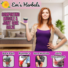 Em's Herbals Muscle Joint Care Salve non-greasy formula absorbs cleanly