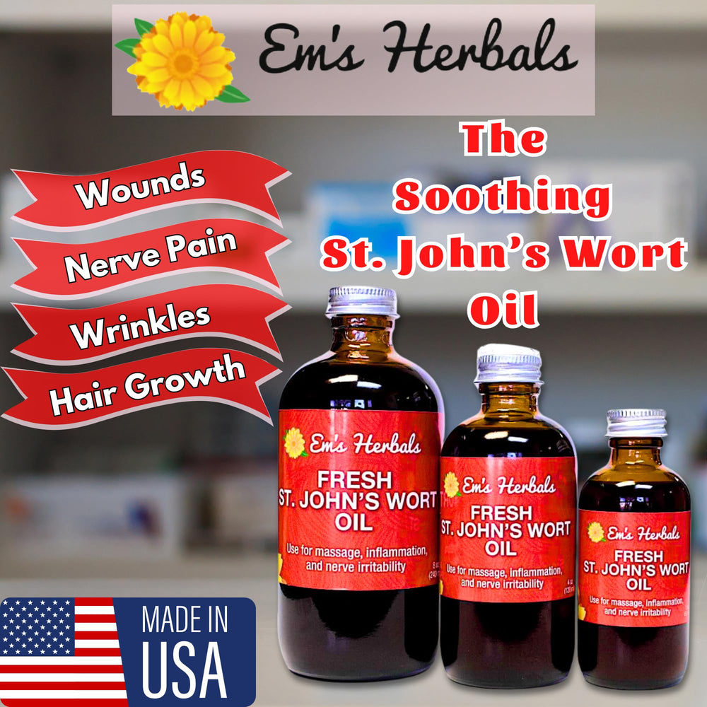 Em's Herbals St John's Wort Oil on skin for minor wounds and cleansing.