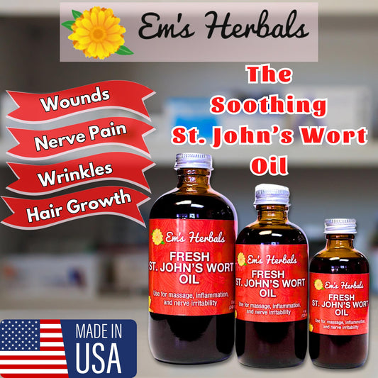 Em's Herbals St John's Wort Oil on skin for minor wounds and cleansing.