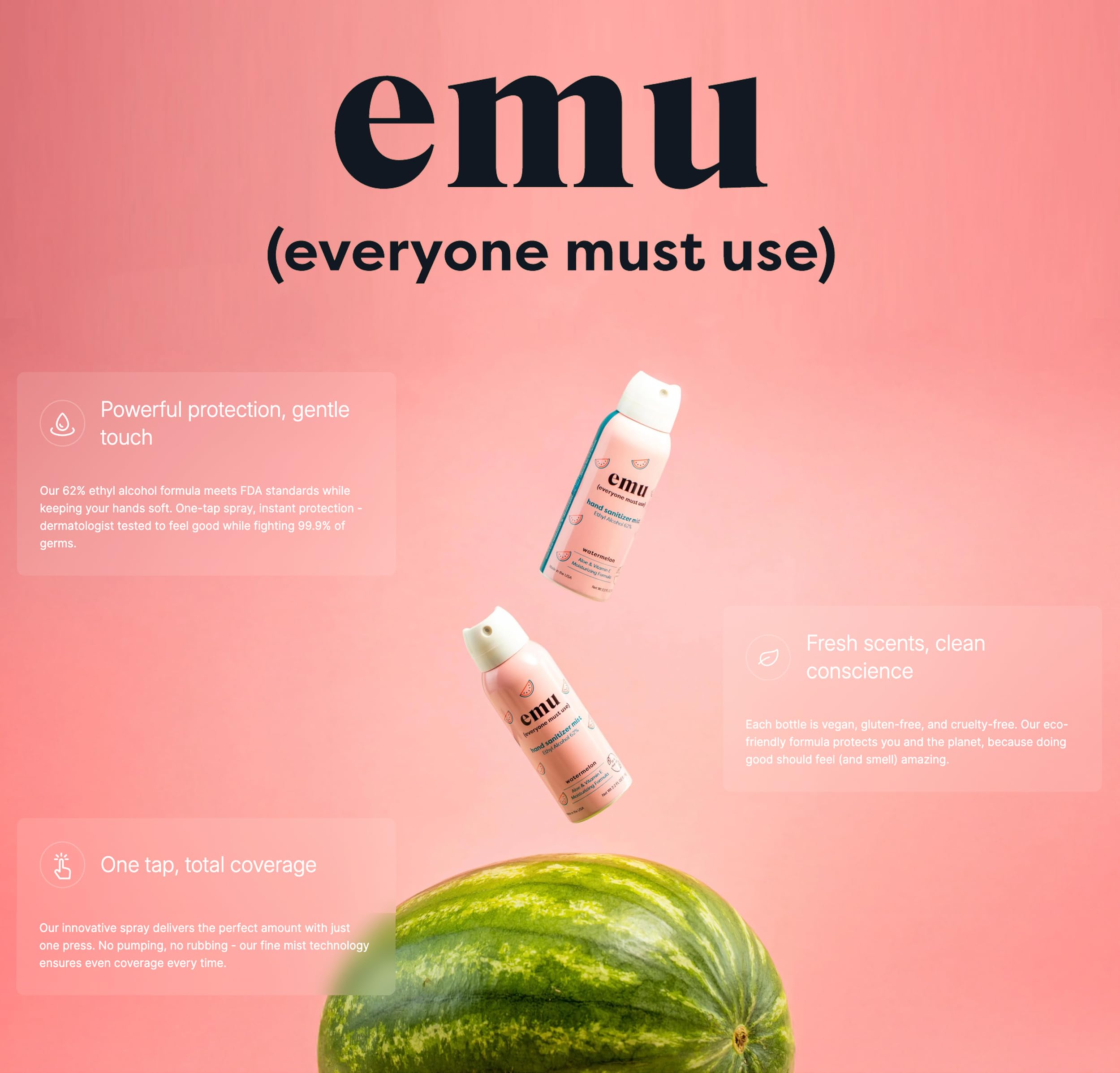 Label on EMU sanitizer bottle highlighting Made in USA quality