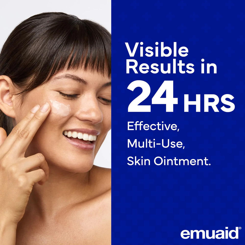 Emuaid Ointment packaging highlights silver-based actives for soothing skin.