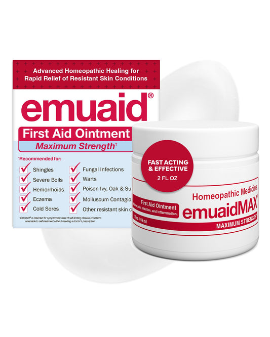 emuaidMAX ointment jar closeup showing premium healing formula for irritated skin