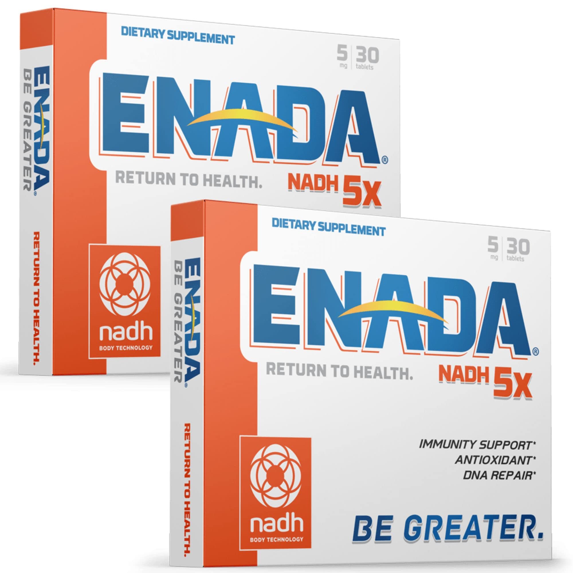 ENADA NADH 5mg tablet bottle for daily energy support and antioxidant protection.