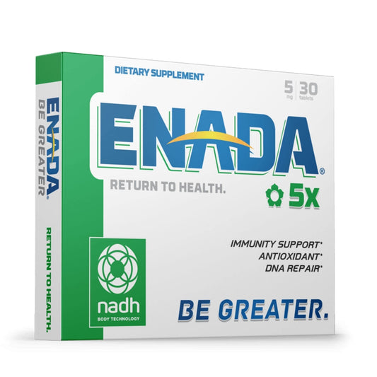 ENADA NADH 5mg tablet close-up demonstrating compact energy support for daily use