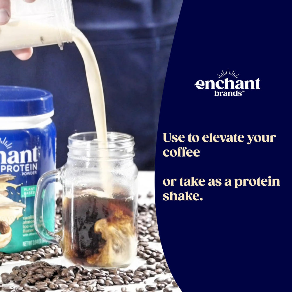 Enchant Organic Protein Powder Vanilla Almond bag photographed in bright kitchen lighting.
