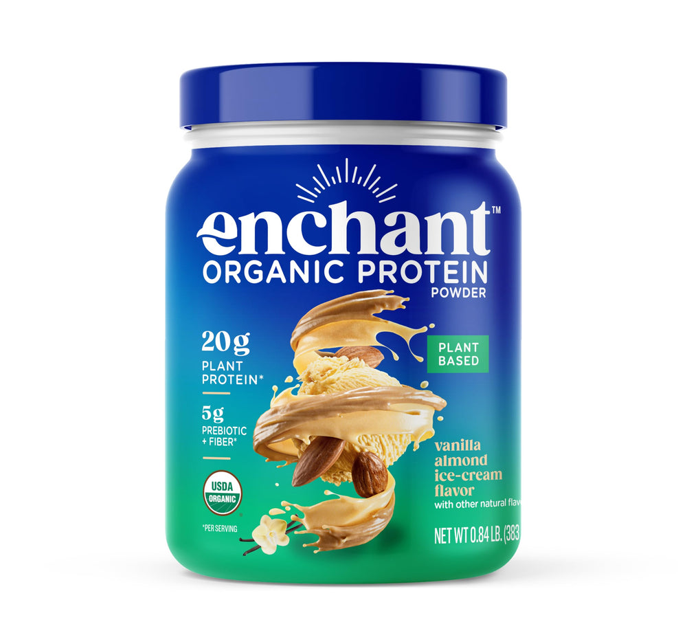 Enchant Organic Protein Powder Vanilla Almond front bag showing 20g protein per serving.