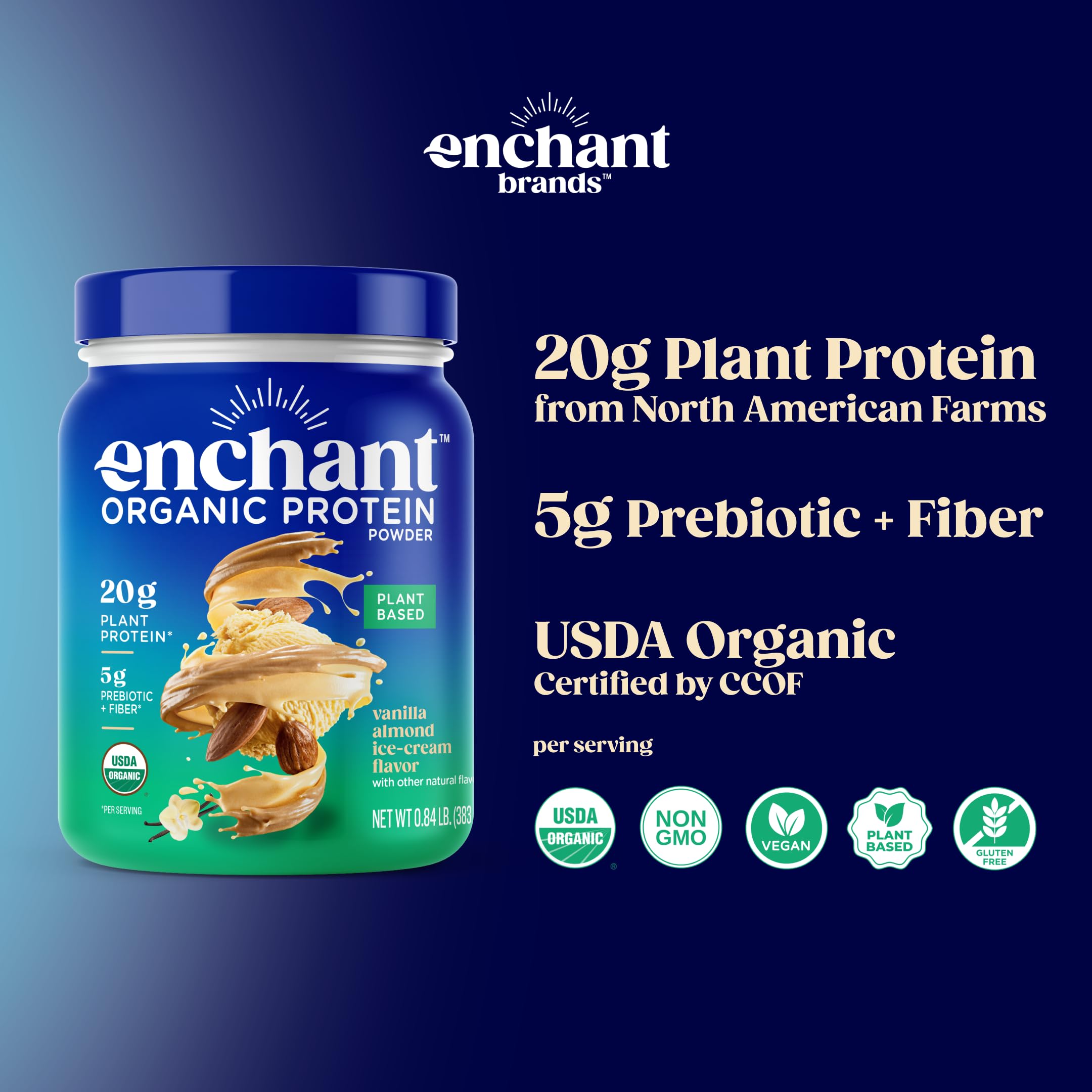 Enchant Organic Protein Powder Vanilla Almond ingredients feature non-GMO, organic North American seeds.