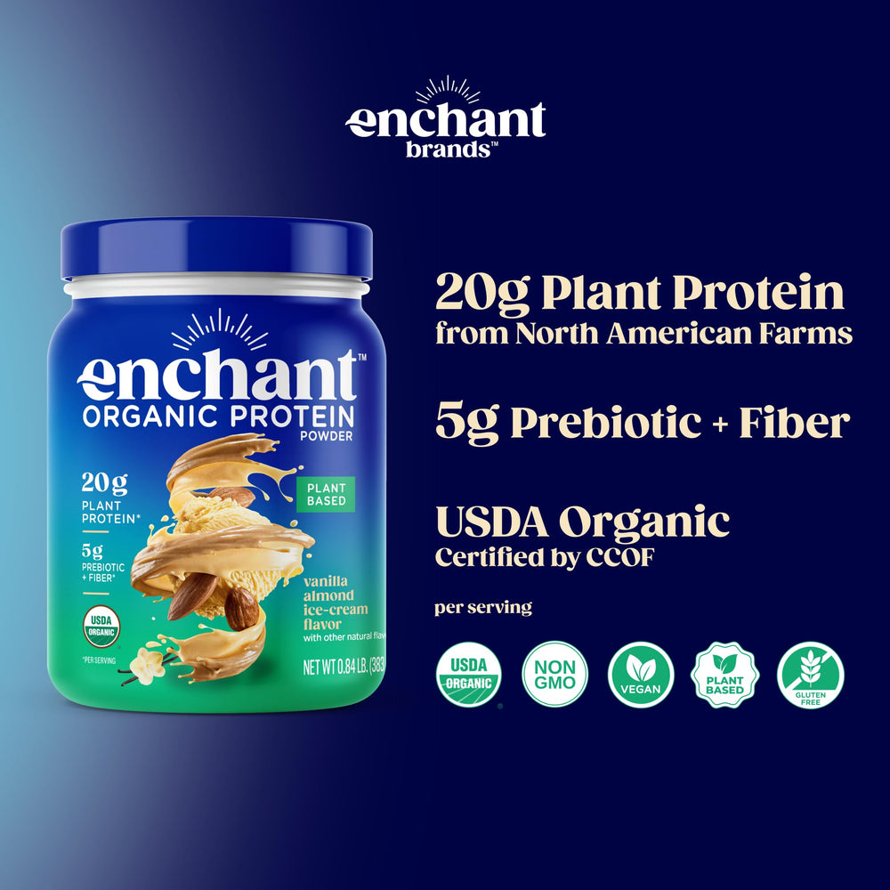 Enchant Organic Protein Powder Vanilla Almond ingredients feature non-GMO, organic North American seeds.