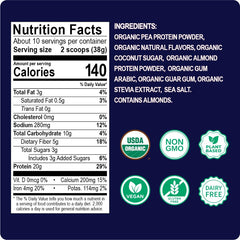 Enchant Organic Protein Powder Vanilla Almond nutrition panel highlights 5g prebiotic fiber per serving.