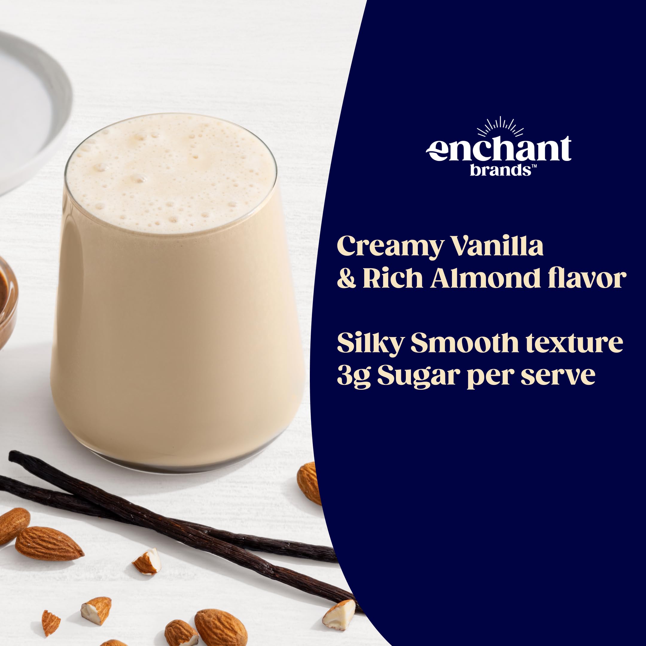 Enchant Organic Protein Powder Vanilla Almond scoop beside the bag in a kitchen.