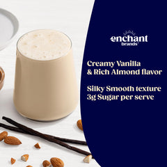 Enchant Organic Protein Powder Vanilla Almond scoop beside the bag in a kitchen.