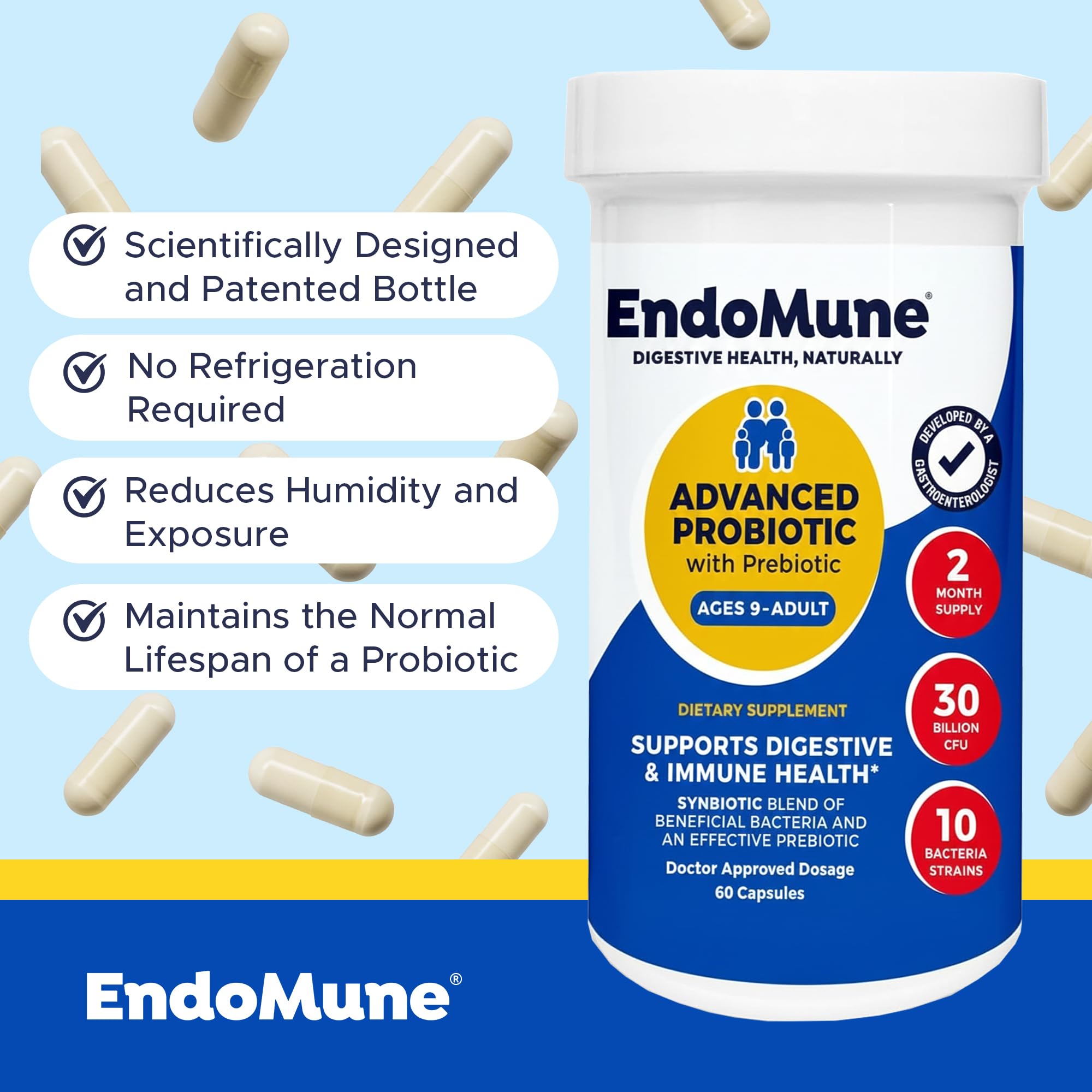 Endomune 10-strain formulation illustration for digestive health support.