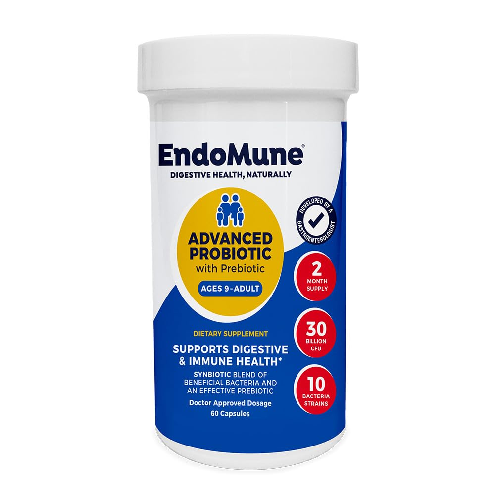 Endomune Advanced bottle front showing 30B CFU multi-strain probiotic for daily gut support.