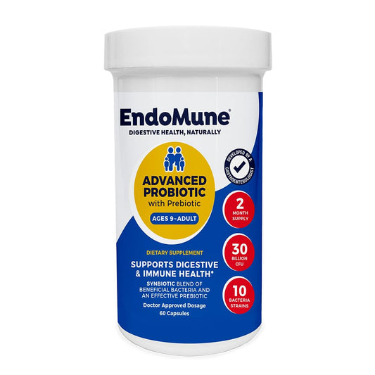 Endomune Advanced bottle front showing 30B CFU multi-strain probiotic for daily gut support.