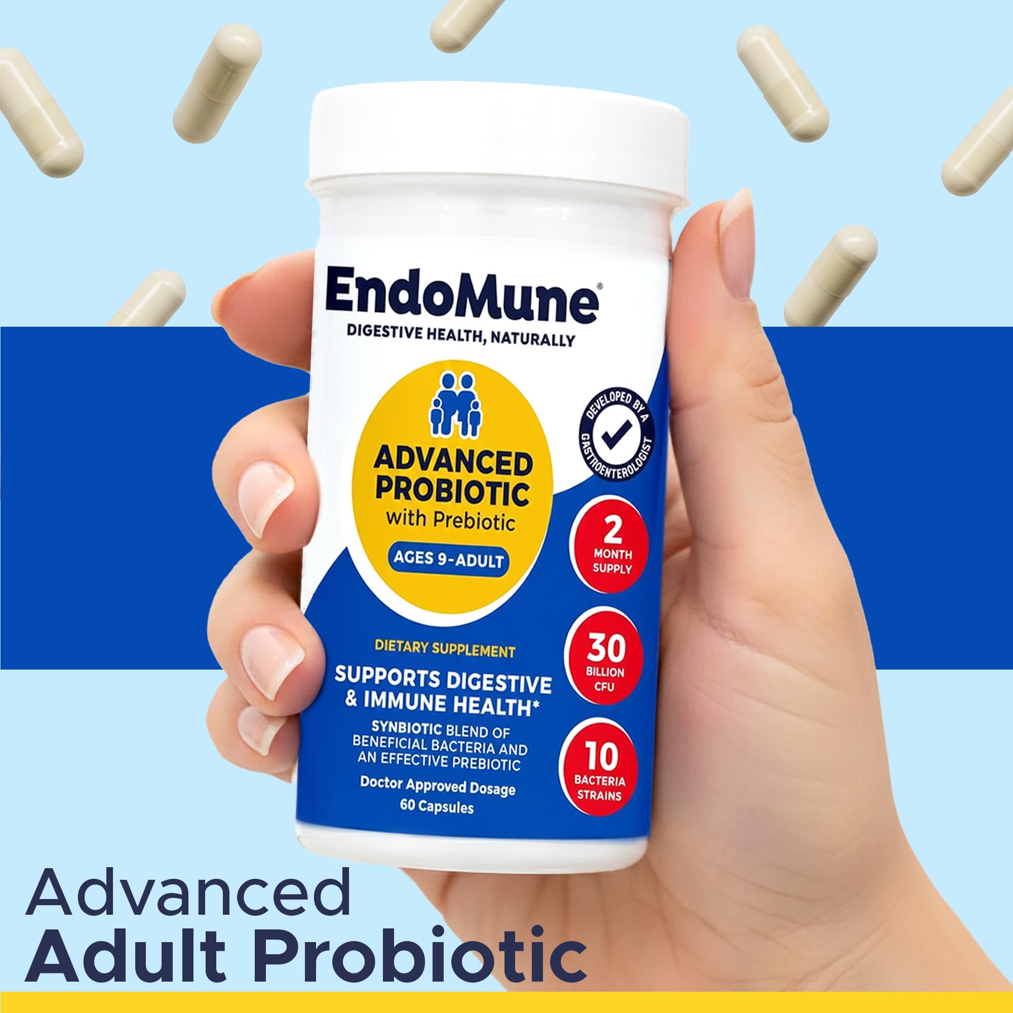 Endomune Advanced bottle label highlighting key strains and features.