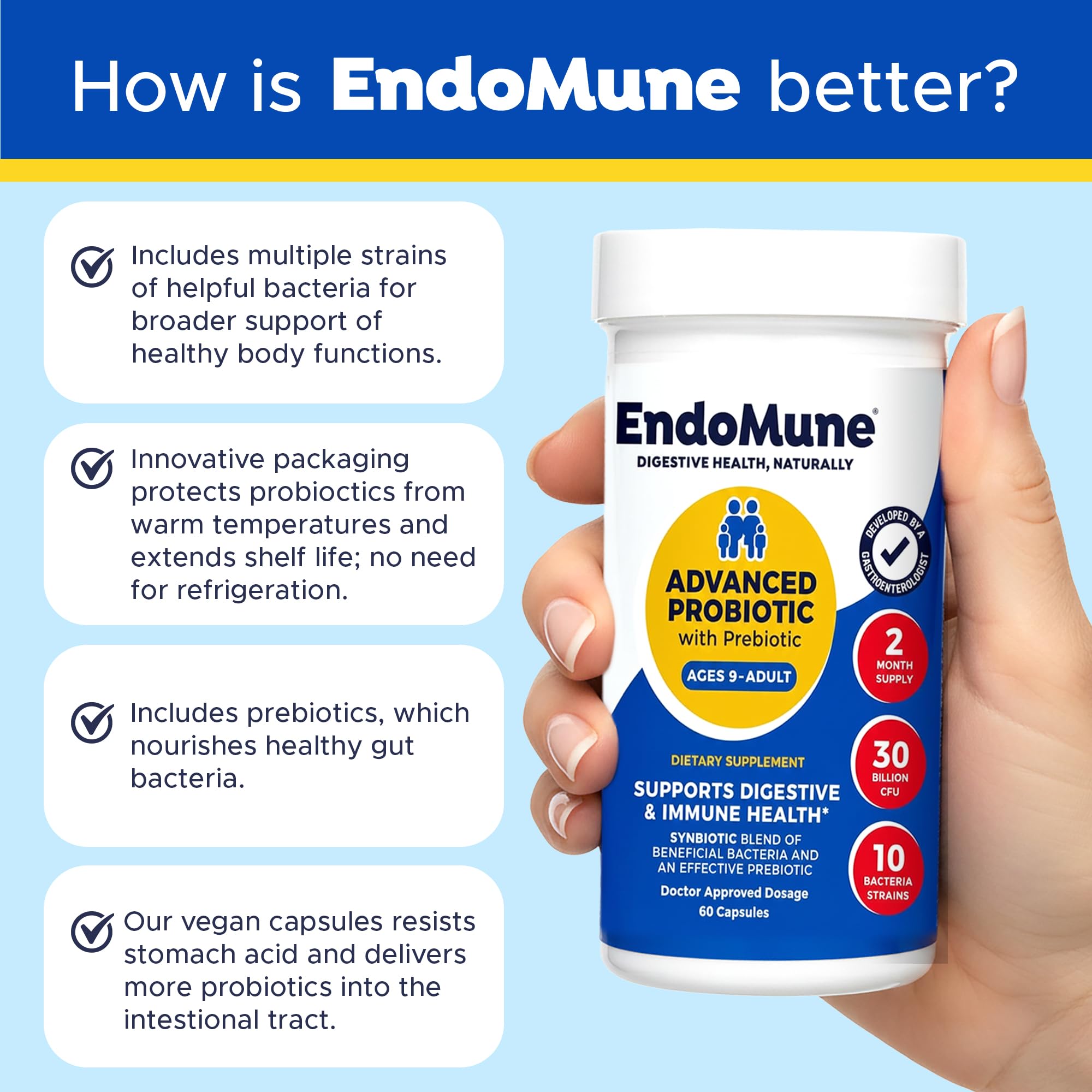 Endomune travel-friendly packaging suitable for on-the-go use.