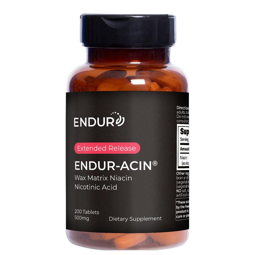 Endur-acin niacin 500mg bottle shown for heart health support.