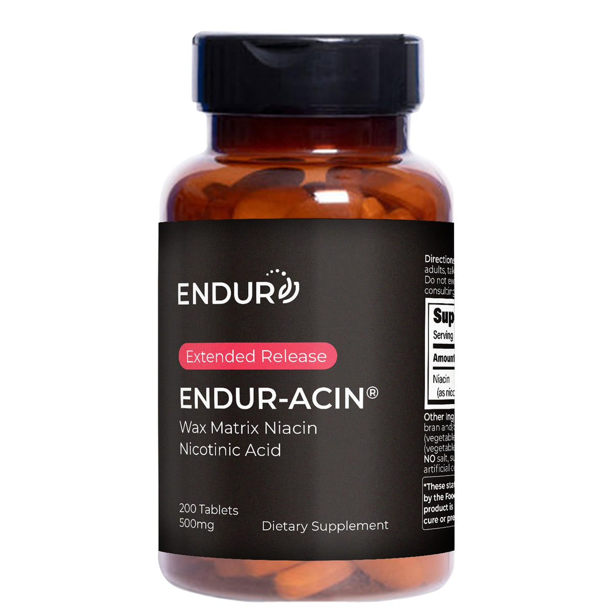 Endur-acin niacin 500mg bottle shown for heart health support.