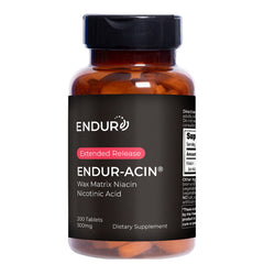 Endur-acin niacin 500mg bottle shown for heart health support.