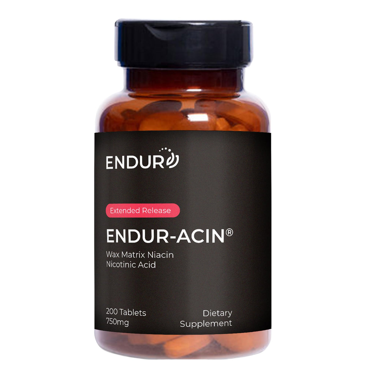 Endur-acin Niacin B3 bottle front view with extended-release tablets.