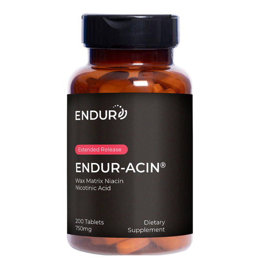 Endur-acin Niacin B3 bottle front view with extended-release tablets.