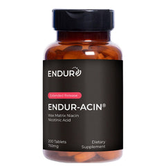 Endur-acin Niacin B3 bottle front view with extended-release tablets.