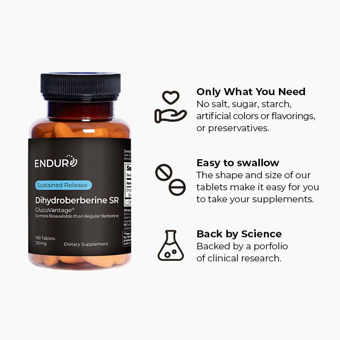 Tablets in hand beside Endur Dihydroberberine SR bottle