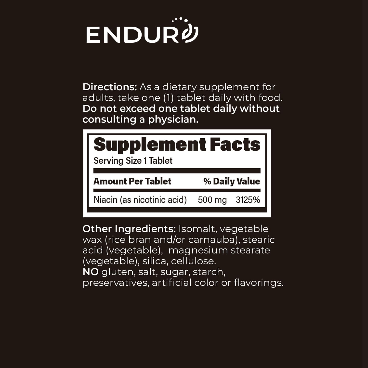Endurance Products Endur Plain Niacin bottle cap-count indicating daily dose.