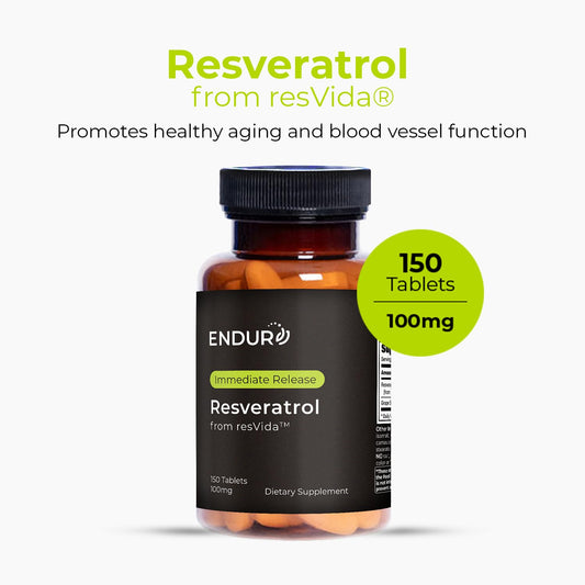 Endur Resveratrol bottle back label shows gluten free vegan info.